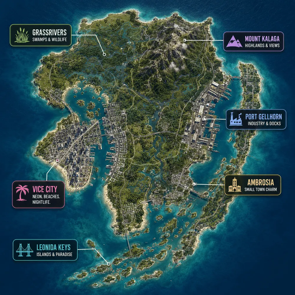 Mapa Leonidy w GTA 6: Vice City, Port Gellhorn, Mount Kalaga, Grassrivers, Ambrosia i Leonida Keys